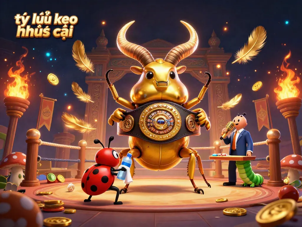 Engage with tỷ lệ kèo nhà cái via a vibrant 3D illustration depicting a boxing scene with a golden stag beetle.