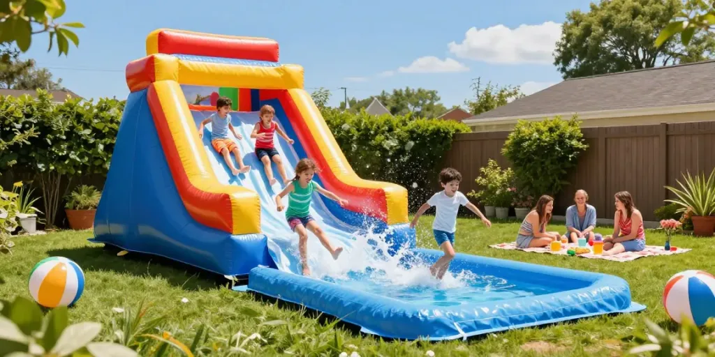A lively backyard with a vibrant water slide where kids enjoy splashing fun, showcasing summer joy and outdoor play.