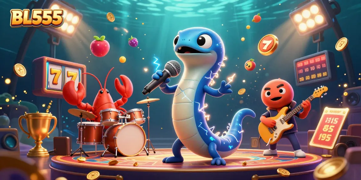 Experience thrilling casino fun with BL555's vibrant underwater illustration featuring unique characters and gaming elements.