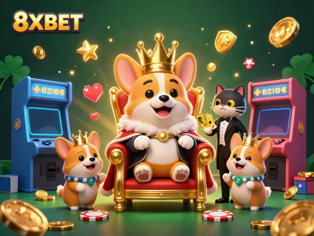 Experience the excitement of the casino with 8XBET, featuring a royal corgi and animated gaming elements