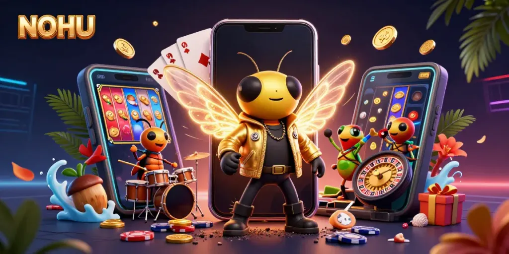 Engage with NOHU's exciting slot games, illustrated with a vibrant casino rock star and immersive elements.