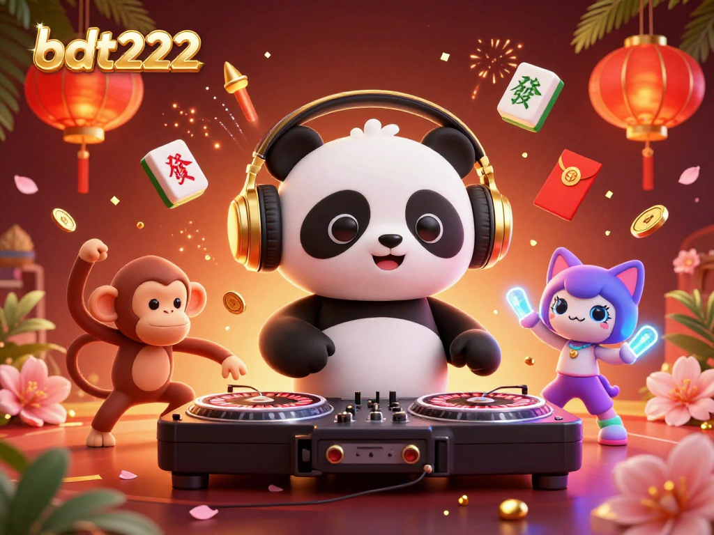 Experience thrilling gaming with bdt222 in this vibrant 3D casino scene featuring lively characters and festive elements.