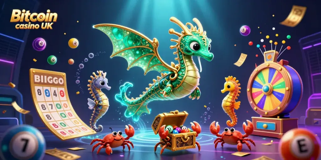Experience vibrant gameplay at a Bitcoin casino UK, featuring a sea dragon, treasure chest, and lottery elements.