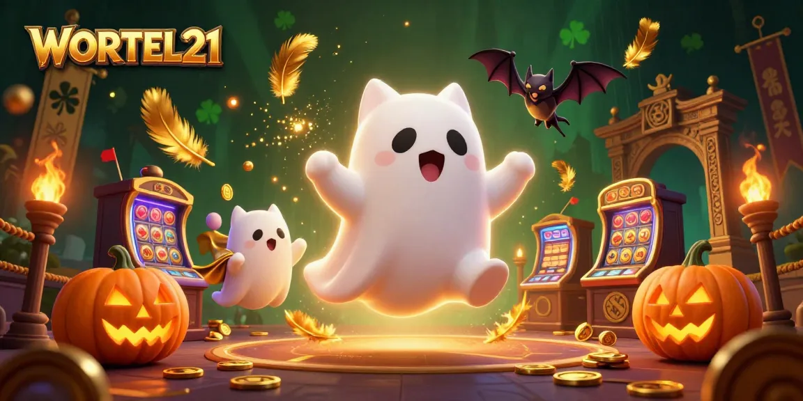 WORTEL21's spooky ghost cat floats through a haunted casino filled with slot machines and jack-o-lanterns.