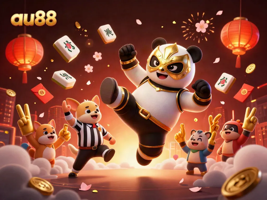 Experience thrilling gaming at au88 with a dynamic scene of a wrestling panda and excited fans.