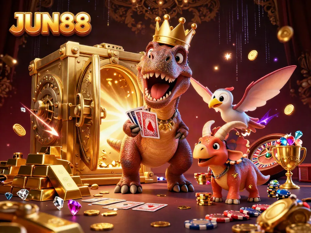 Experience thrilling gameplay at JUN88 with a dynamic casino scene featuring unique characters.