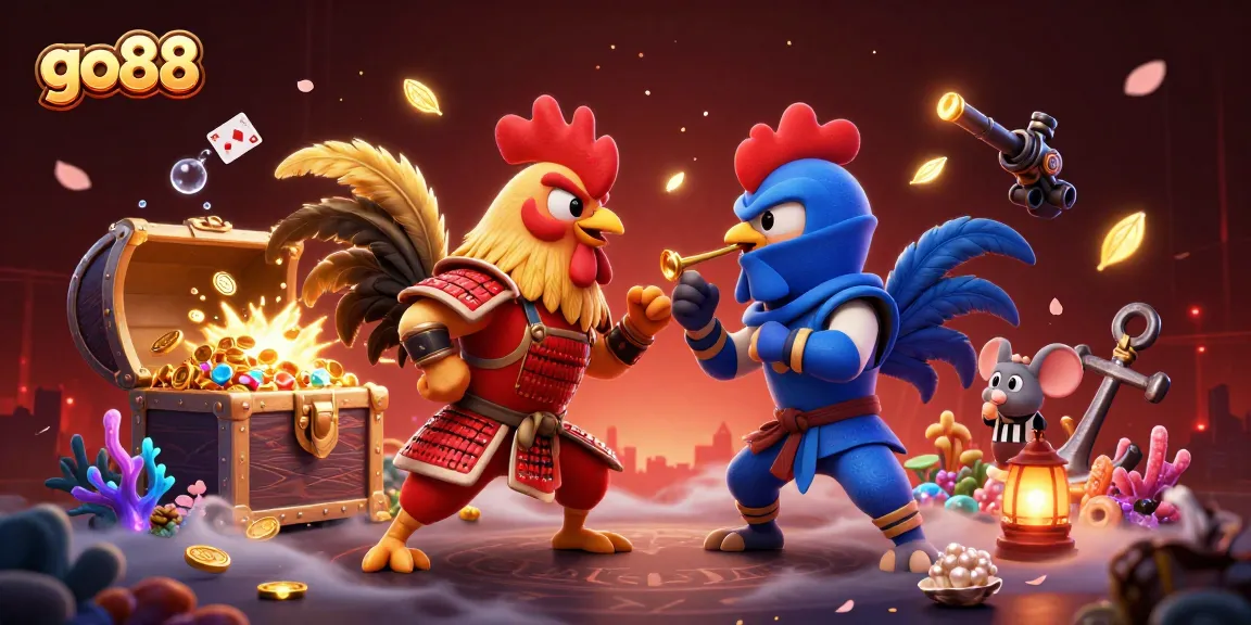 Experience the go88 thrilling showdown of cartoon roosters in a vibrant casino-themed battle.