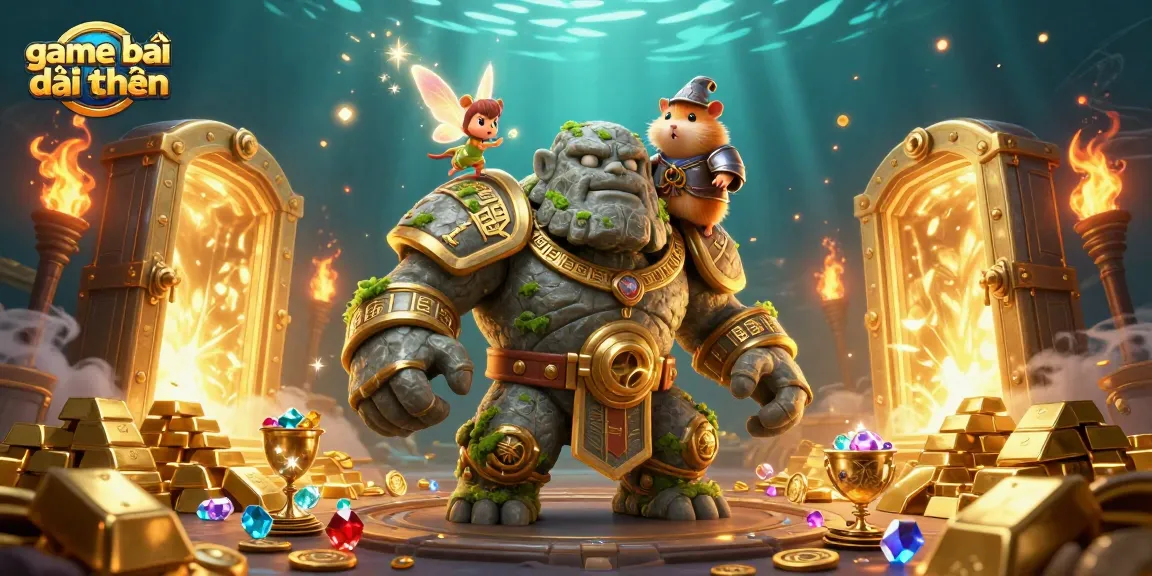 Experience the enchanting game bài đổi thưởng with a magical stone golem, sparkling fairy, and treasure elements.