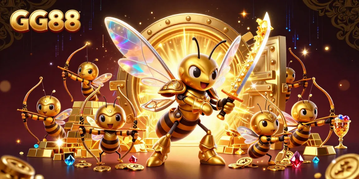 Win big at GG88 with a dynamic scene featuring a golden hornet and treasure, encapsulating the thrill of online gaming.