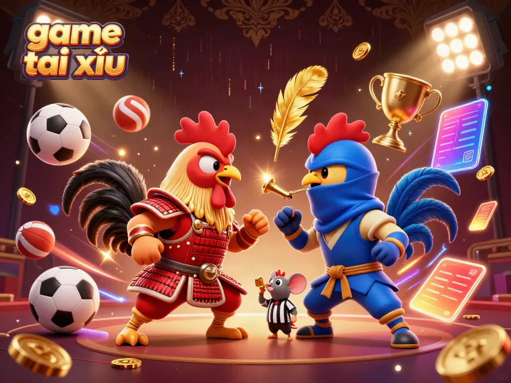 Engage in the thrilling game tài xỉu with dynamic roosters and sports elements in a vibrant scene.