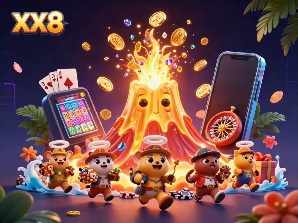 Experience the thrill of XX 8 with a golden volcano erupting treasures, illustrating dynamic casino action.
