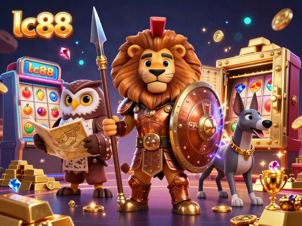 Experience the excitement of lc88 with a vibrant 3D casino scene showcasing a Spartan lion, owl strategist, and greyhound messenger, all amidst jackpot visuals.