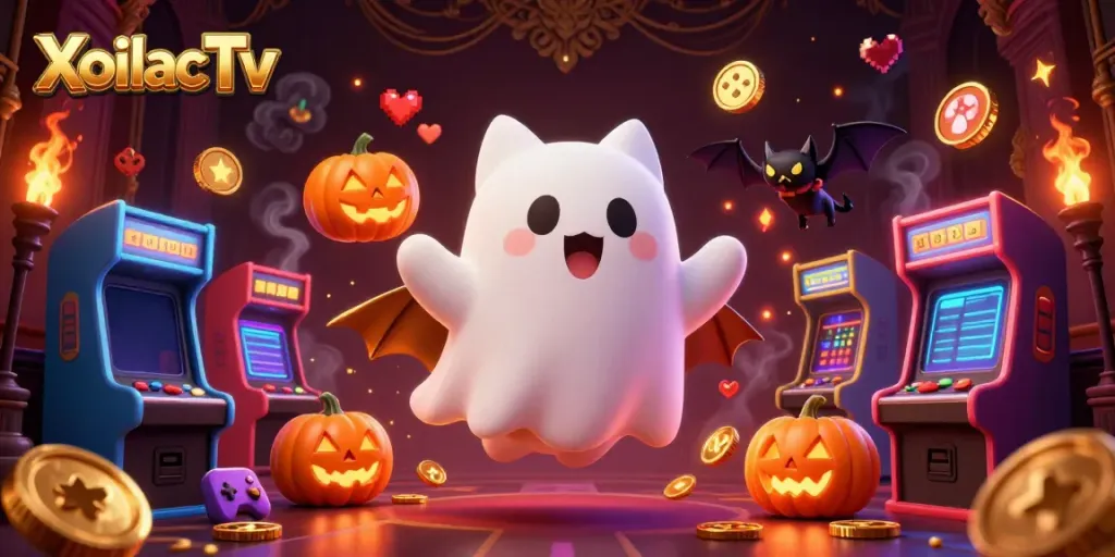 Experience XoilacTv with a lively ghost cat and bat in a haunted casino scene full of dynamic gaming elements.