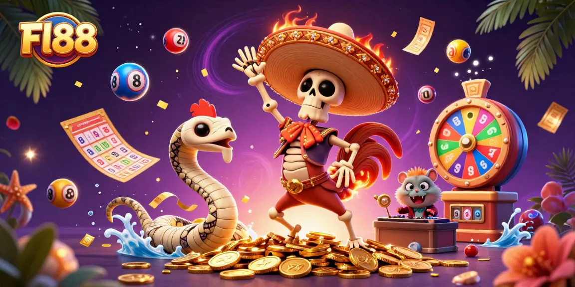 Experience Fl88 excitement with a mariachi rooster celebrating victory amid vibrant casino elements.