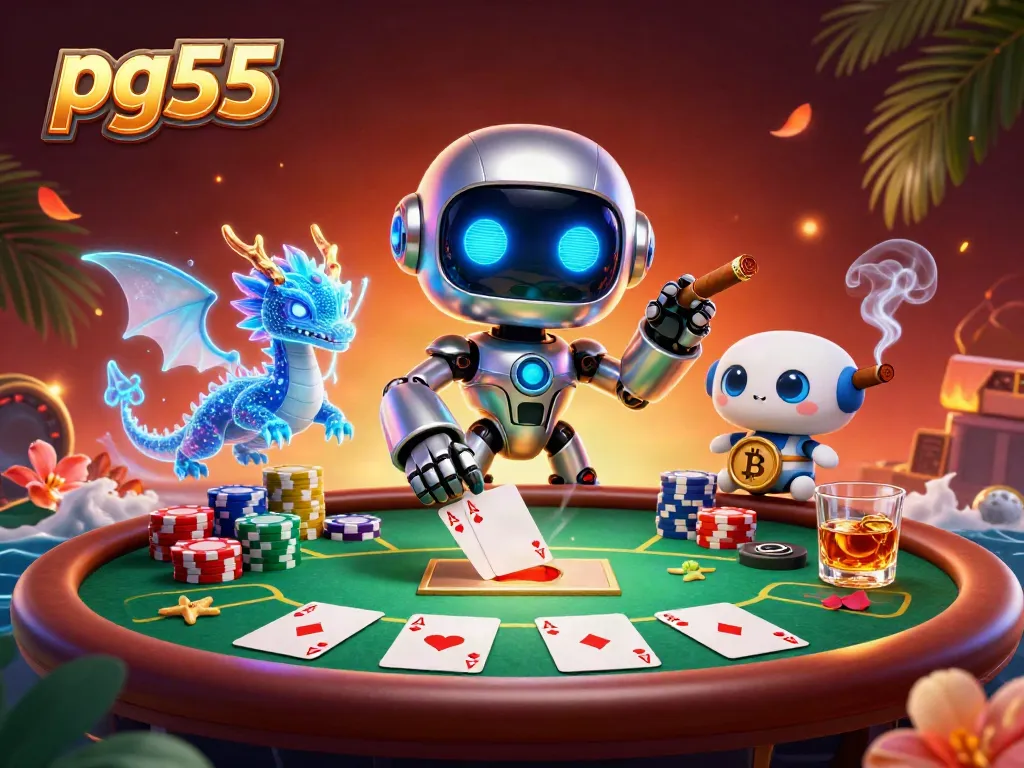 Experience the excitement of pg55 with cyberpunk characters at a vibrant poker table.