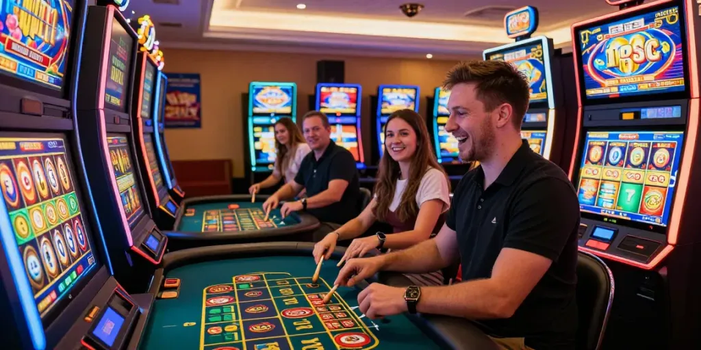 Players enjoying casino not on gamstop with vibrant slot machines and roulette tables in an engaging atmosphere.