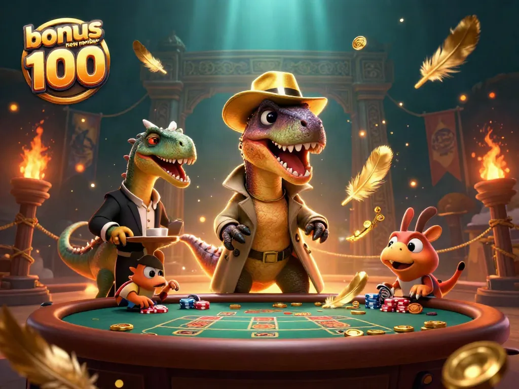Engaging scene showcasing a velociraptor card counter, stegosaurus pit boss, and compy pickpocket at a blackjack table, highlighting the bonus new member 100 offer.