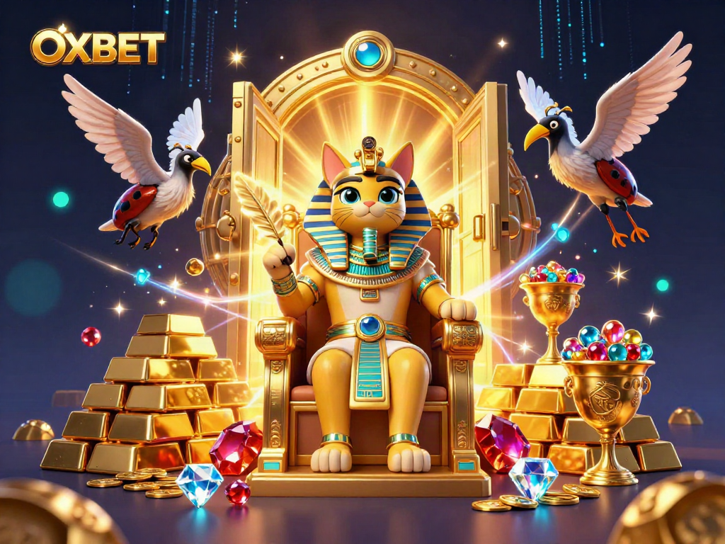 Experience OXBET's thrilling potential with a vibrant 3D casino scene featuring ancient riches and playful characters.