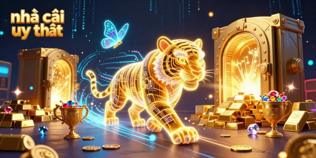 Experience the vibrant world of nhà cái uy tín with a dazzling golden tiger in a digital casino.