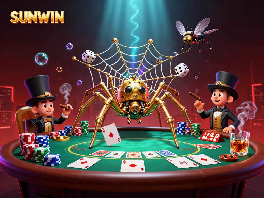 SUNWIN captures the essence of poker with a golden spider and charming character amidst a lavish casino scene.
