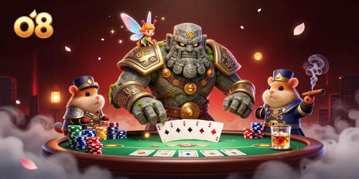 Experience the thrill of poker action at o8 with guardians and magical companions in a vibrant casino scene.