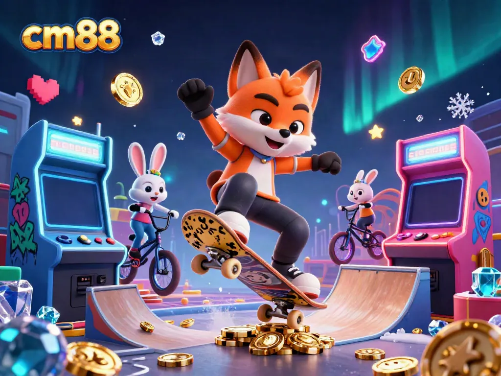 Engaging scene with cm88's lively cartoon fox and rabbit characters amidst casino-themed arcade action.