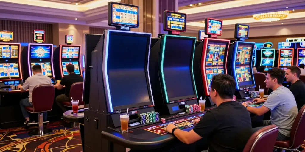 Players enjoying games at Howzit Casino, vibrant atmosphere with colorful slots and live dealer tables.