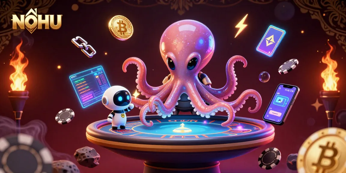 NOHU showcases a vibrant alien octopus at a poker table amidst cosmic casino elements.