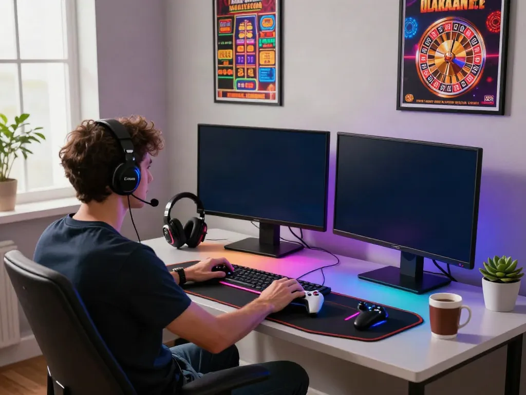 Player enjoying a modern gaming setup at home with casino not on gamstop options displayed.