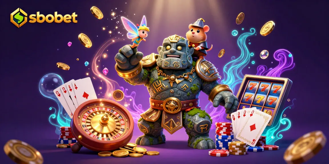 Experience sbobet betting strategy with a lively golem, fairy magic, and a hamster knight in a rich casino scene.