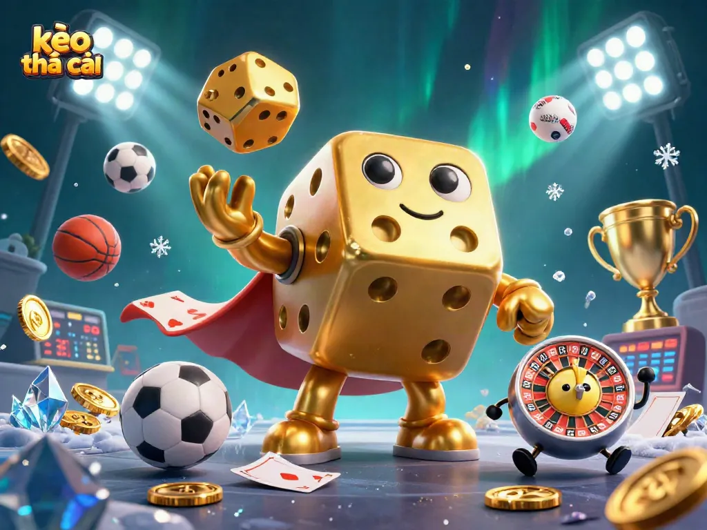 Bet on kèo nhà cái with a dynamic 3D sports scene featuring golden dice and vibrant gameplay elements.