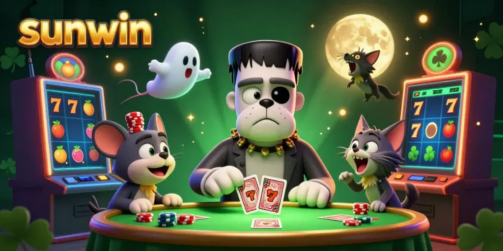 sunwin showcases thrilling casino elements with vibrant characters and slot machines, creating an engaging gaming experience.