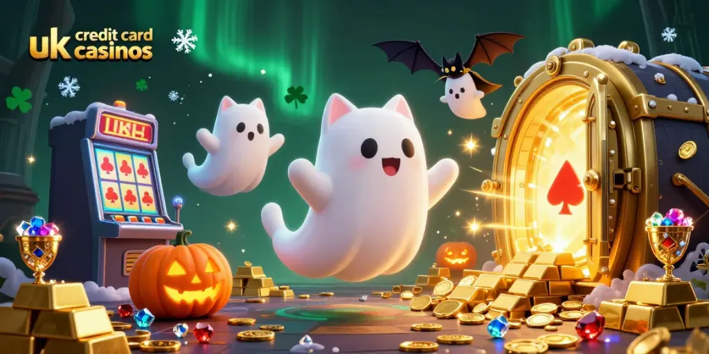 Engage with exciting uk credit card casinos, featuring a friendly ghost cat and bat in a vibrant casino setting.