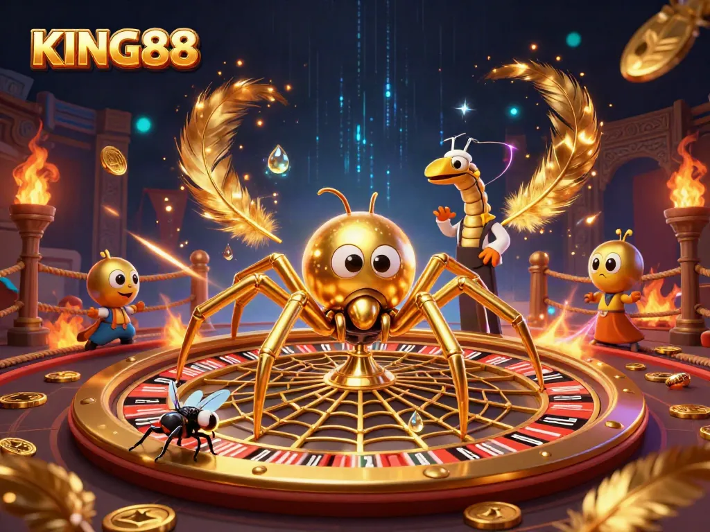 Engage with KING88's thrilling roulette wheel scene featuring vibrant characters and gaming elements.