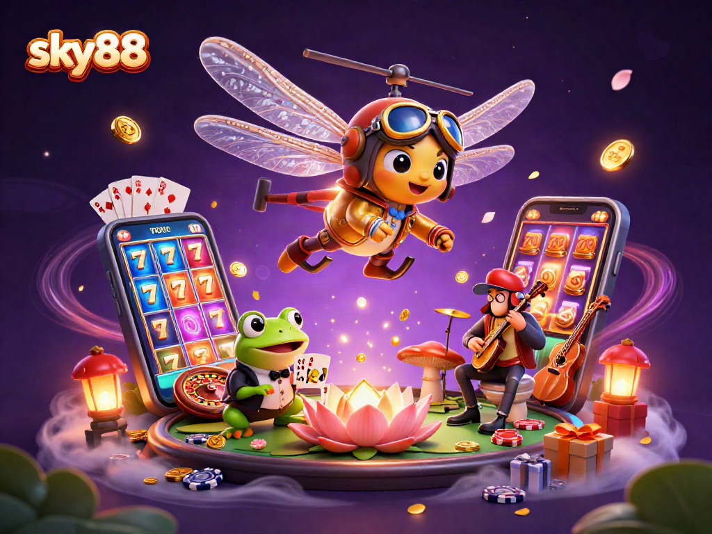 Experience the vibrant gaming world of sky88 through an engaging 3D illustration featuring lively casino elements.