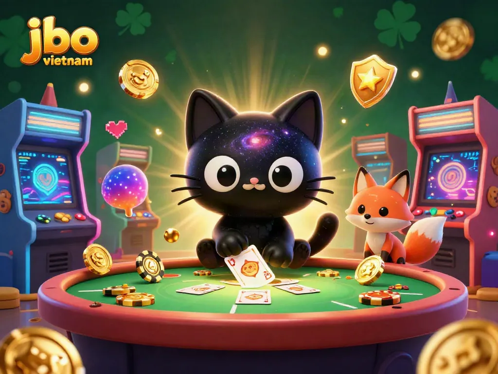 Engage in dynamic gameplay at JBO Vietnam with a cosmic casino illustration featuring charming characters.