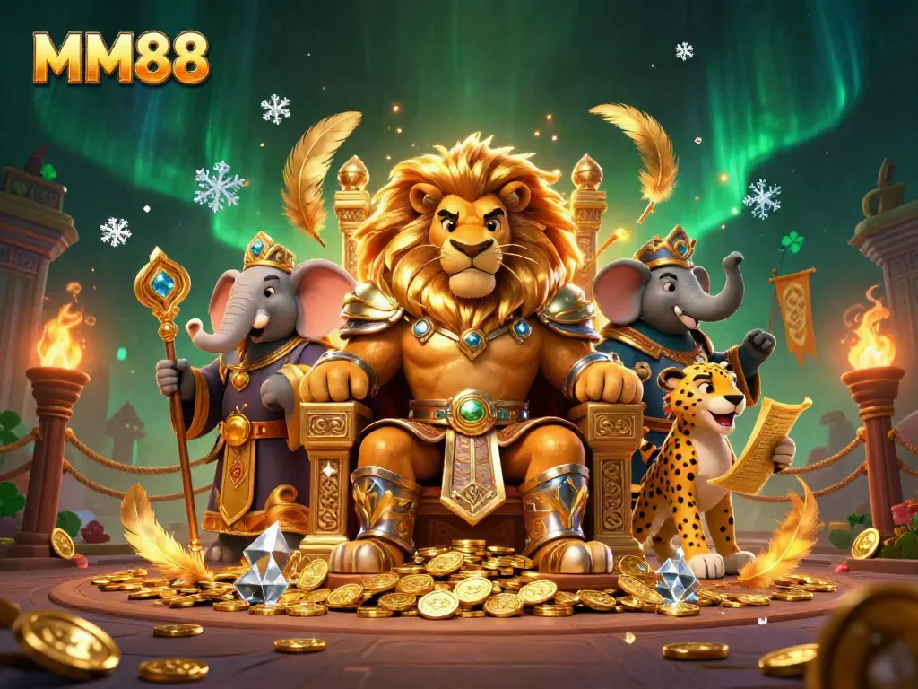 Experience excitement with MM88 in a lively casino scene featuring a lion king on a throne surrounded by gambling elements.