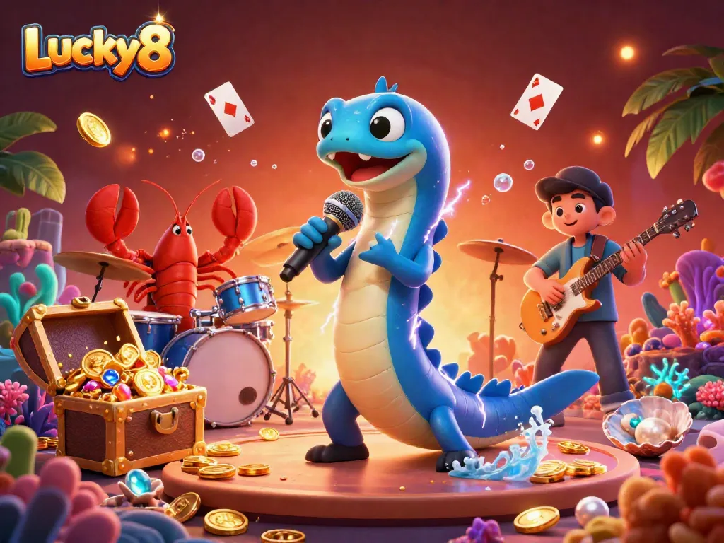 Experience the electrifying moment at the Lucky8 underwater casino, featuring a DJ eel and vibrant sea creatures.