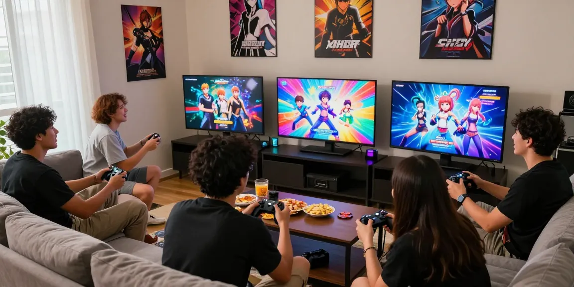 Friends enjoying hentai games together in a living room setting with vibrant graphics and controllers
