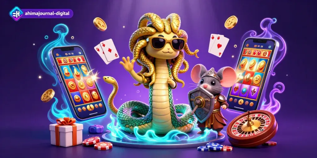 Engage with the ahimajournal-digital gaming scene featuring Medusa, a warrior mouse, and vibrant slot game elements.