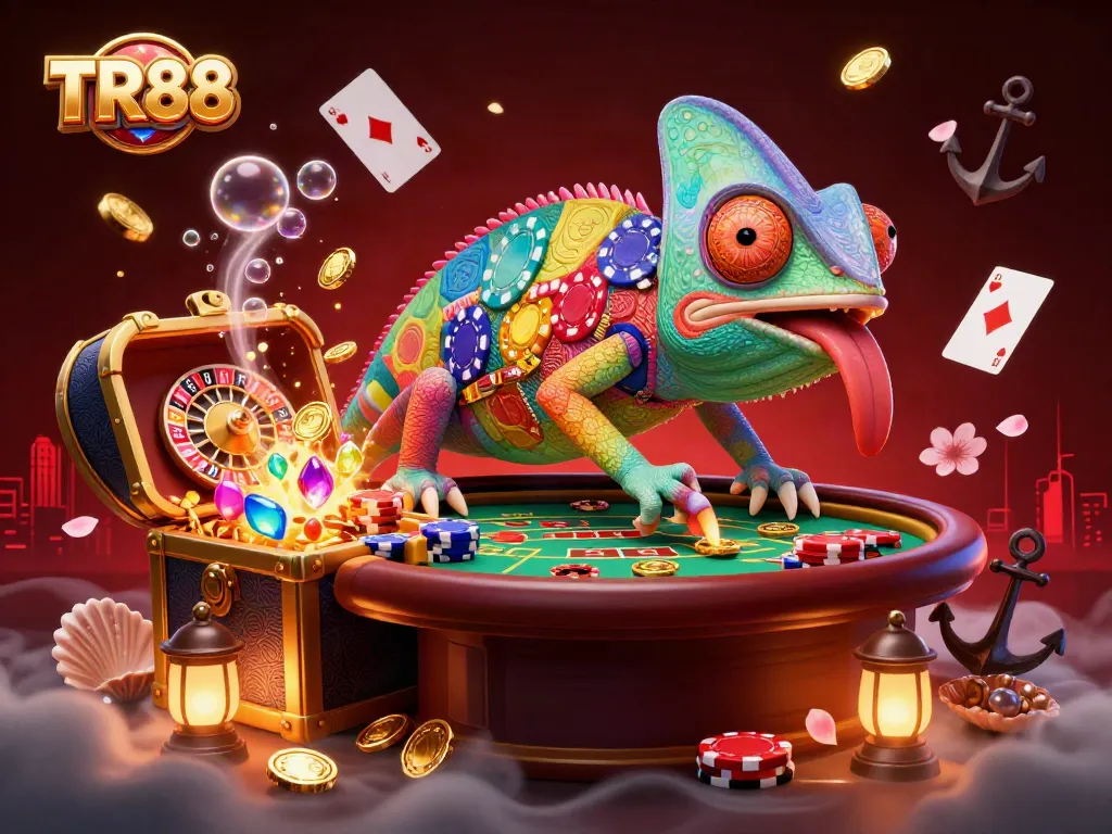 Experience the excitement of TR88 with a vibrant chameleon casino owner amidst glittering games.