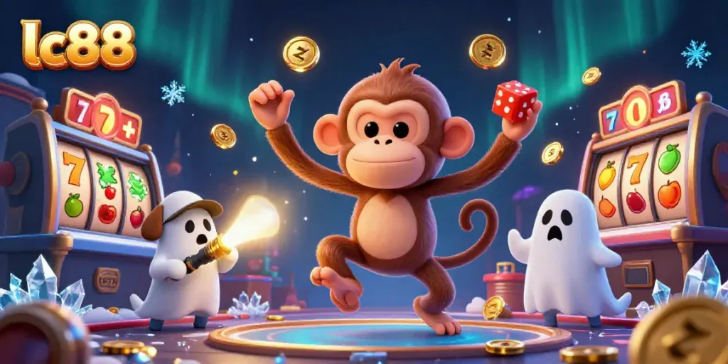 Engaging lc88 gaming scene with a mischievous monkey and a ghost-hunter puppy in a haunted casino setting.