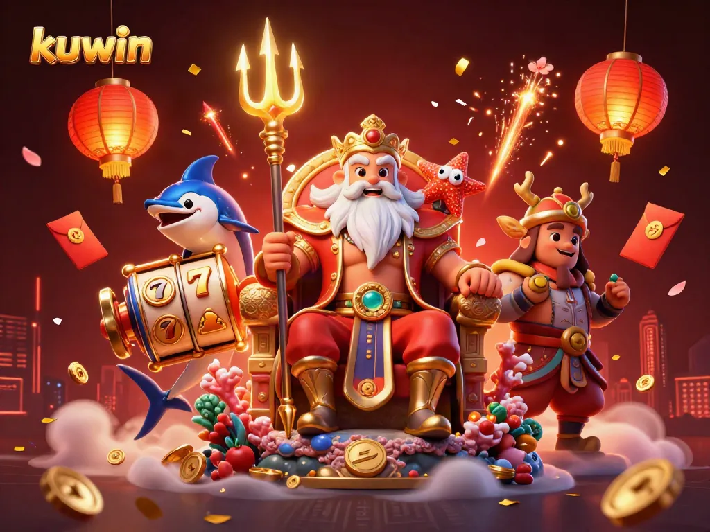 Kuwin-themed illustration features Neptune with his samurai bodyguard among vibrant casino elements.