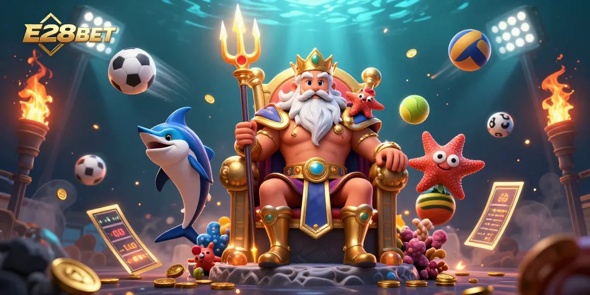 E28BET players engage with dynamic sports betting elements in a vibrant undersea casino scene.