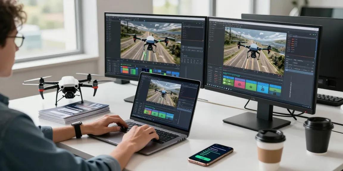 Innovative workspace with F168 drone model and multiple monitors displaying aerial footage and tech tools.