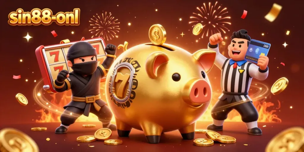 Experience exciting gameplay at sin88-onl with colorful casino elements, including a piggy bank sumo wrestler and festive atmosphere.