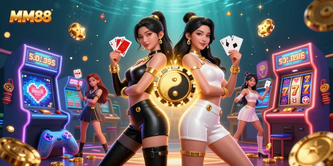Experience thrill at MM88 with twin Asian women showcasing their gaming prowess holding playing cards in a vibrant casino.
