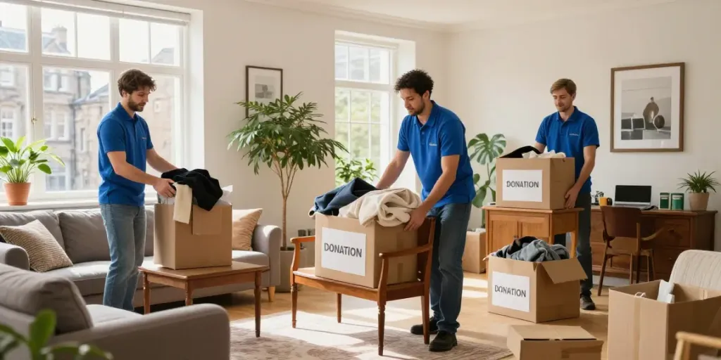 House Clearance Edinburgh process with professionals carefully sorting items in a bright living room