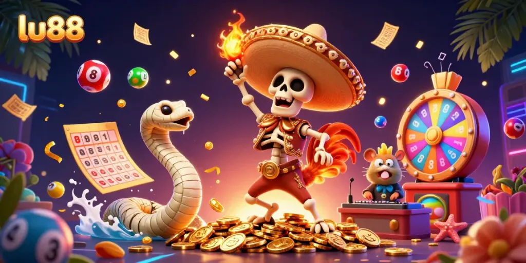 Get ready to celebrate with lu88's vibrant casino-themed scene featuring a dancing rooster, mummy snake, and DJ hamster.