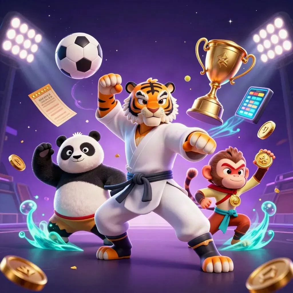 Tiger, panda, and monkey heroes amid flying sports balls, gold coins, and blazing lights.